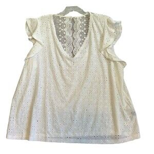 Pullover Top Blouse Womens 4X White Eyelet Open Lace Back Flutter Sleeve Travel